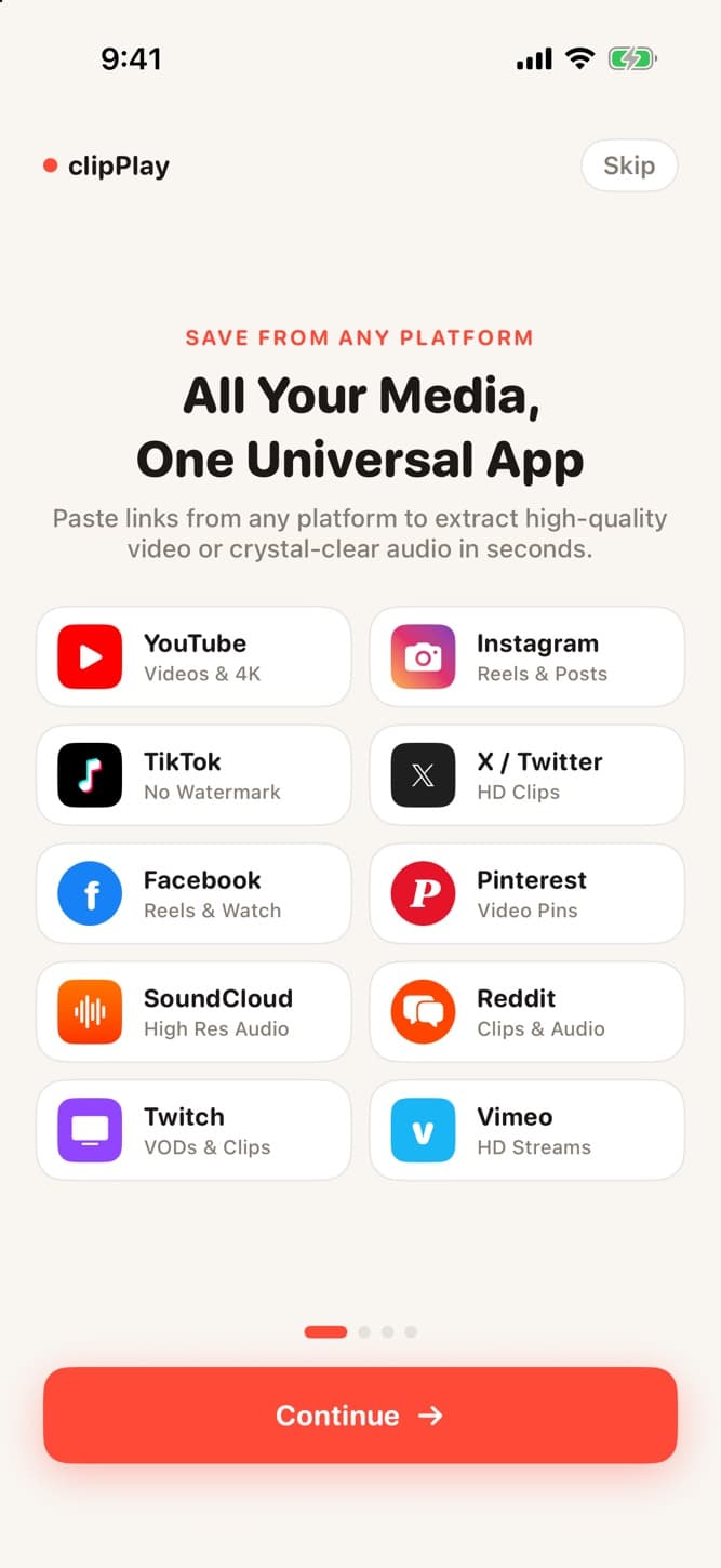 The clipPlay app listing the sites it can save from